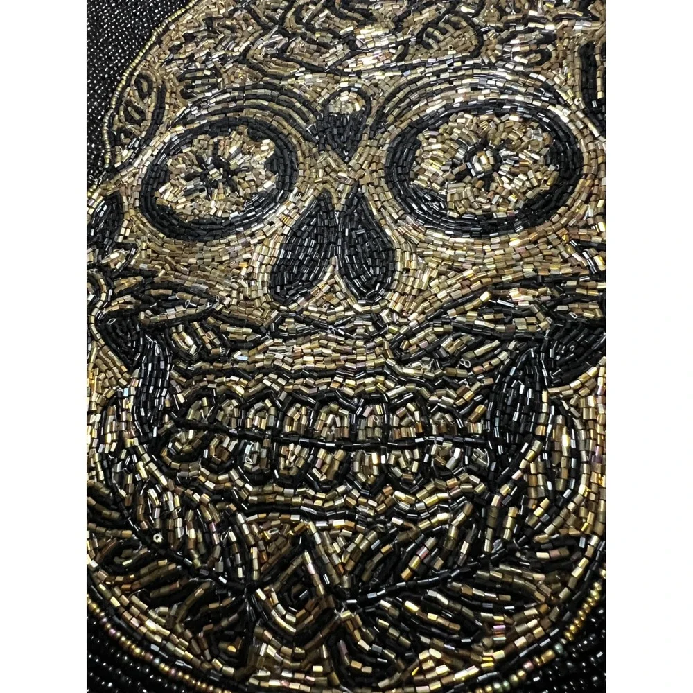 Tahari Home Skull Beaded Charger Placemats Set of 2 Black Gold 15in Gothic